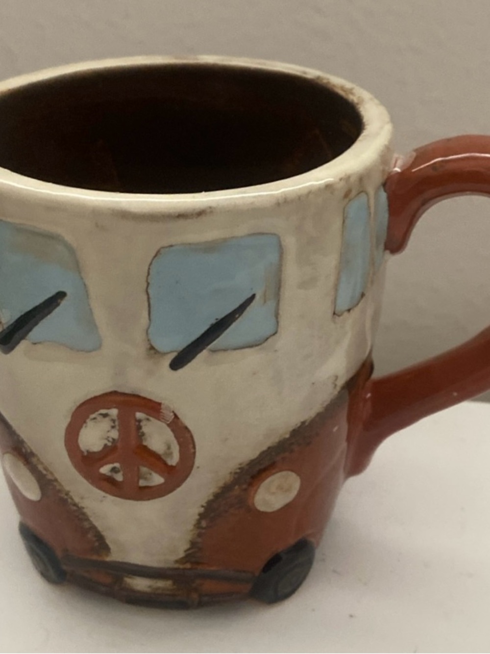 Handcrafted Peace Van Ceramic Mug - White and Brown